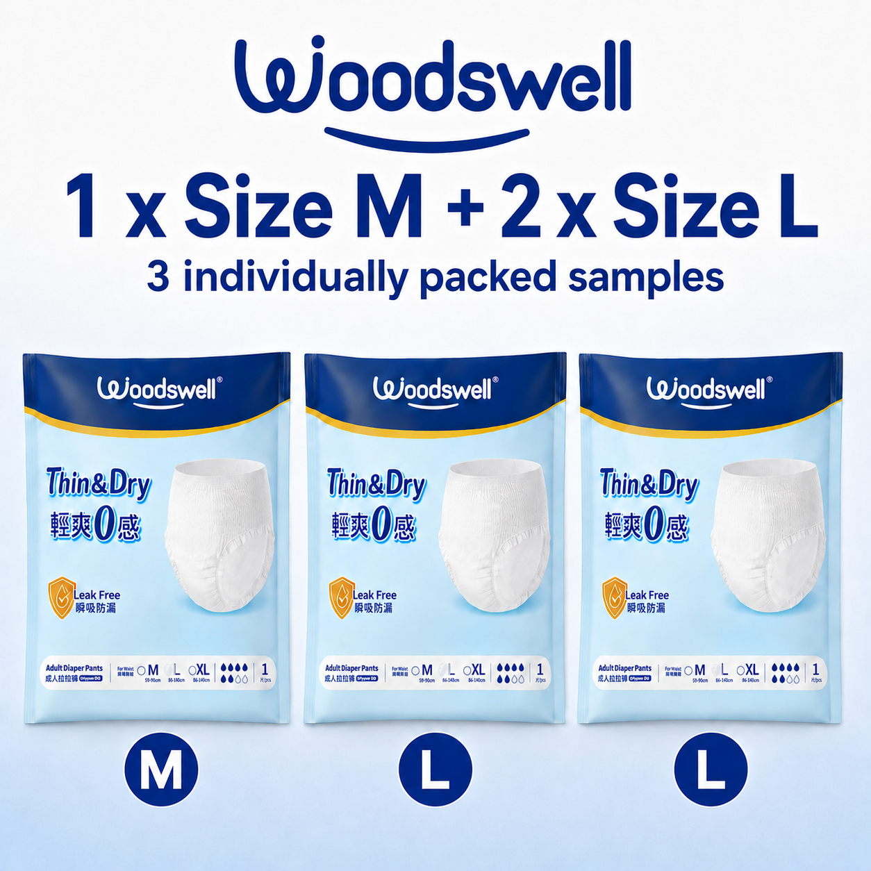 Three packs of Woodswell Thin & Dry Adult Diaper Pants shown in sizes M and L, with text indicating 1 x Size M + 2 x Size L and 3 individually packed samples on a light blue background.