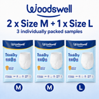 Three packs of Woodswell Thin & Dry Adult Diaper Pants shown side by side on a light blue background, with text indicating 2 x Size M + 1 x Size L and 3 individually packed samples.