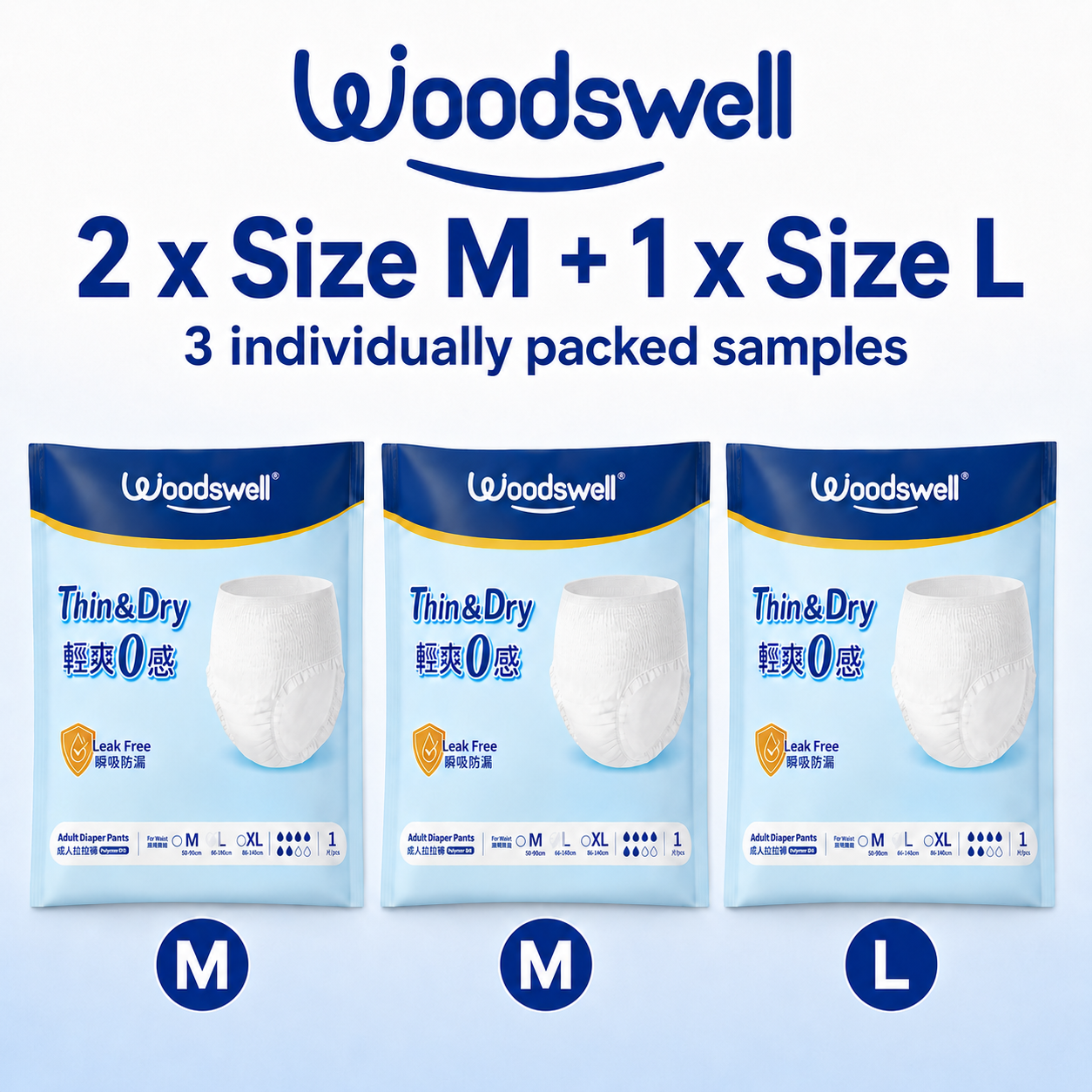 Three packs of Woodswell Thin & Dry Adult Diaper Pants shown side by side on a light blue background, with text indicating 2 x Size M + 1 x Size L and 3 individually packed samples.