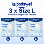 Three packs of Woodswell Thin & Dry Adult Diaper Pants shown side by side, labeled as 3 individually packed samples for size L, on a light blue gradient background with the Woodswell brand name at the top.
