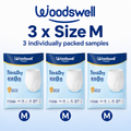 Three individually packed Woodswell Thin & Dry Adult Diaper Pants packs in size M, shown side by side with the text '3 x Size M' and '3 individually packed samples' on a light blue background.