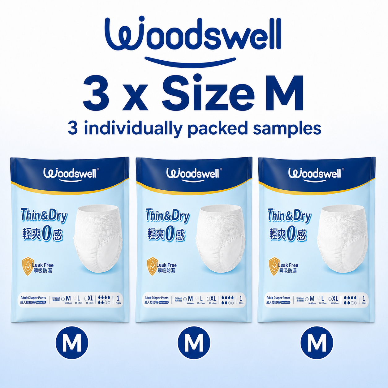 Three individually packed Woodswell Thin & Dry Adult Diaper Pants packs in size M, shown side by side with the text '3 x Size M' and '3 individually packed samples' on a light blue background.