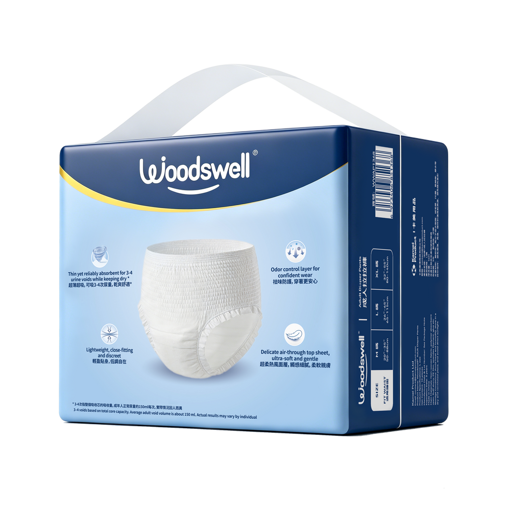 The rear view of the package of Woodswell adult incontinence pads shown in its retail box with a carrying handle. The box is dark blue and light blue with a photo of a white pad on the front, set against a plain white background.