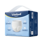 The rear view of the package of Woodswell adult incontinence pads shown in its retail box with a carrying handle. The box is dark blue and light blue with a photo of a white pad on the front, set against a plain white background.