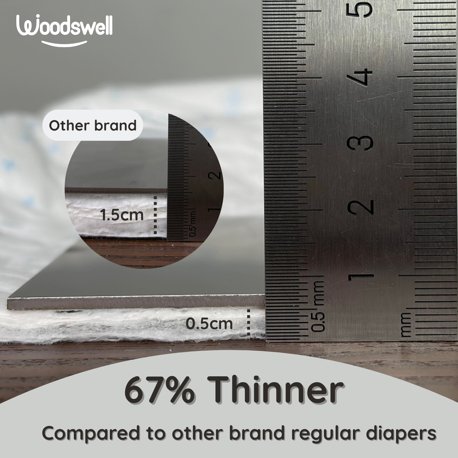 Woodswell Adult Tape diaper thin core with a ruler showing thickness comparison to 'Other brand' diapers.