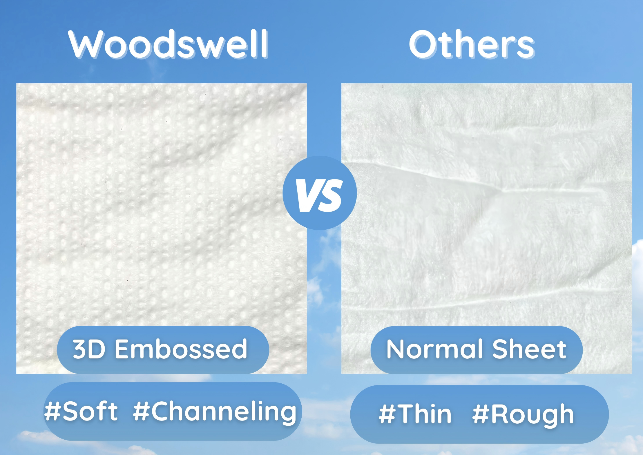 Comparison between Woodswell Adult Tape Diaper 3D embossed top sheet vs other brands normal top sheet