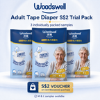 Woodswell adult tape diaper sample pack with promotional text on a light blue background
