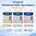 Woodswell adult tape diapers bundle deals with packaging and features on a blue background