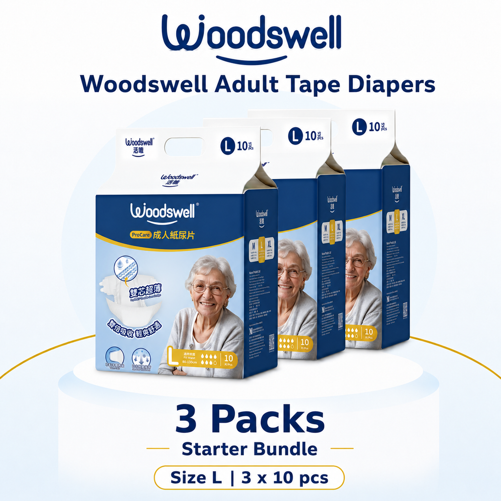 Woodswell adult tape diapers Size L with a 3 pack bundle offer on a white background