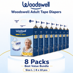 Woodswell adult tape diapers Size L with a 8 pack bundle offer on a white background