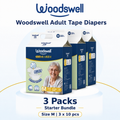 Woodswell adult tape diapers Size M with a 3 pack bundle offer on a white background