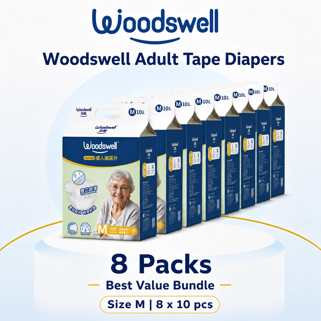 Woodswell adult tape diapers Size M with a 8 pack bundle offer on a white background