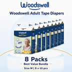 Woodswell adult tape diapers Size M with a 8 pack bundle offer on a white background