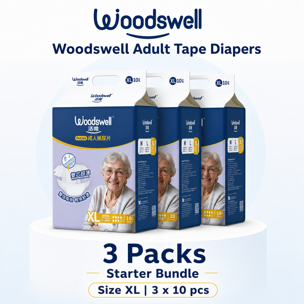 Woodswell adult tape diapers Size XL with a 3 pack bundle offer on a white background
