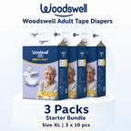 Woodswell adult tape diapers Size XL with a 3 pack bundle offer on a white background