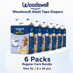 Woodswell adult tape diapers Size XL with a 6 pack bundle offer on a white background