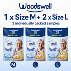 Three individually packed samples of Woodswell adult diaper packages on a white background 1 x Size M and 2 x Size L