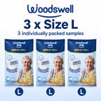 Three individually packed samples of Woodswell adult diaper packages on a white background 3 x Size L