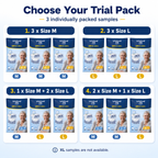 Trial pack options for Woodswell adult tape diapers with sample images and size labels.