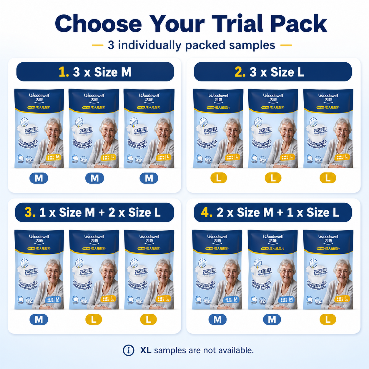 Trial pack options for Woodswell adult tape diapers with sample images and size labels.