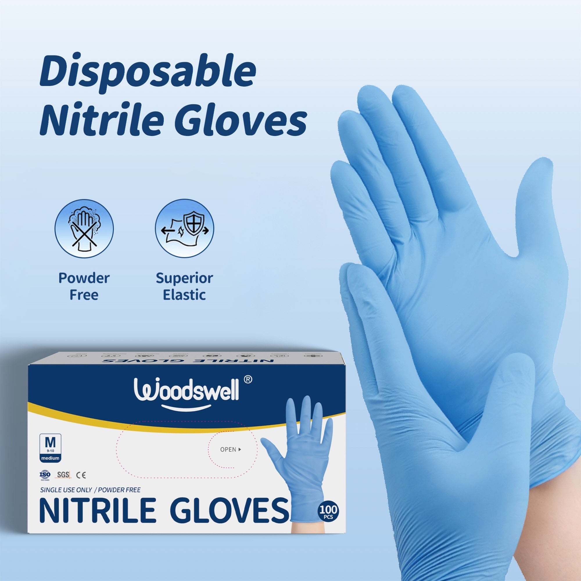 Woodswell disposable nitrile gloves with packaging on a light blue background