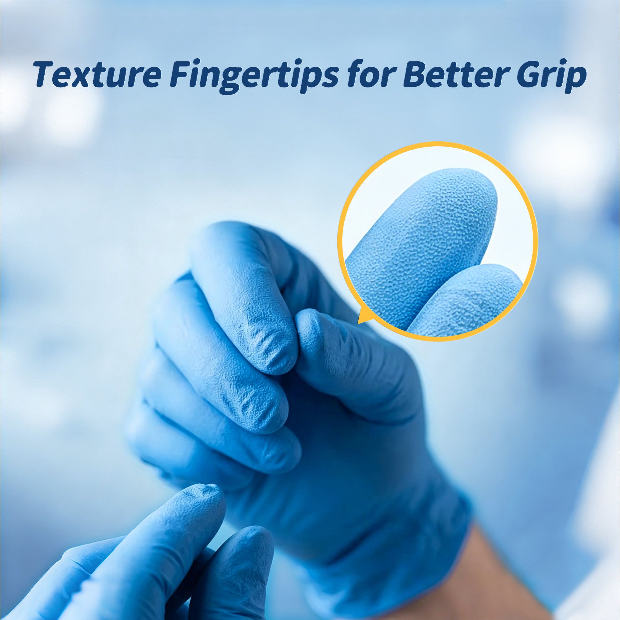 Woodswell Nitrile Gloves with textured fingertips for better grip, on a blue background.