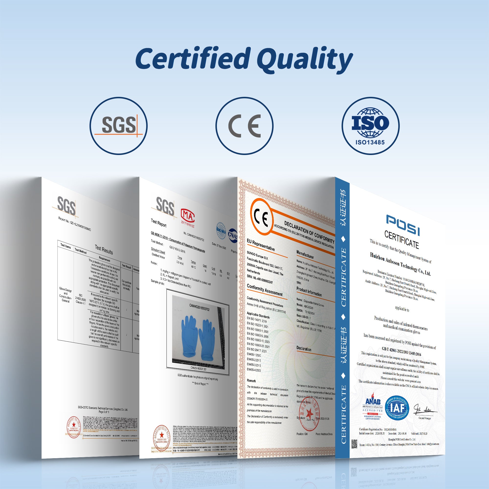 Woodswell Nitrile Gloves with Certified quality certification documents with SGS, CE, and ISO logos on a light blue background.