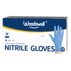 Box of Woodswell nitrile gloves with a blue glove on a white background