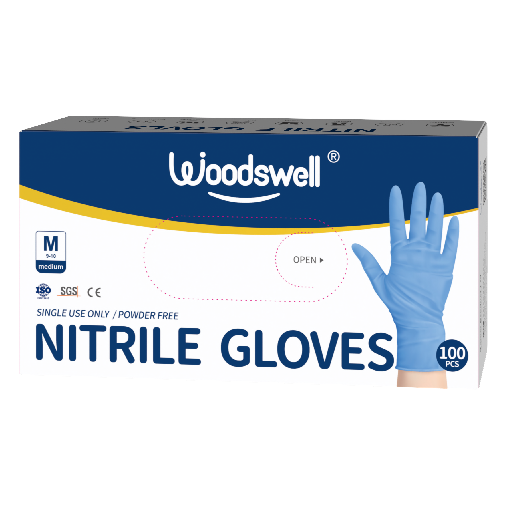 Box of Woodswell nitrile gloves with a blue glove on a white background