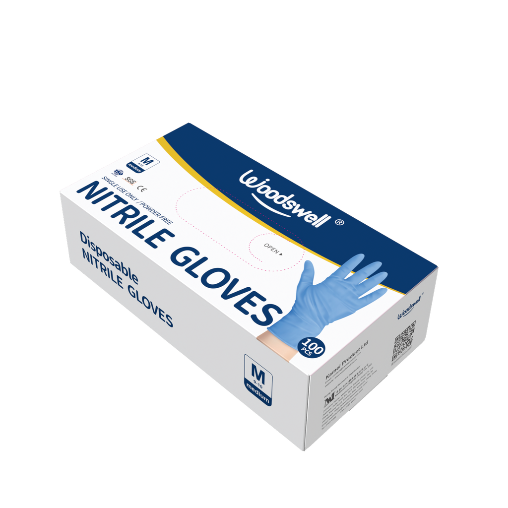 Box of Woodswell disposable nitrile gloves on a white background