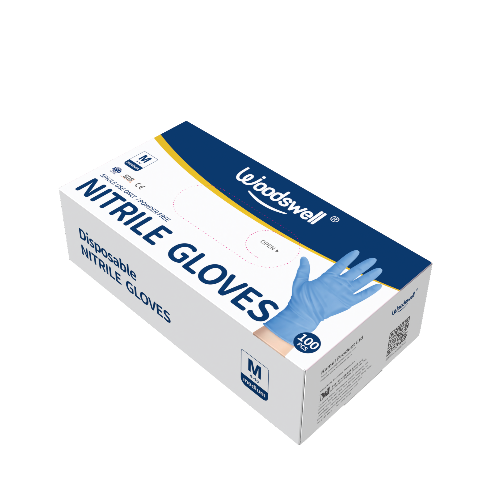 Box of Woodswell disposable nitrile gloves on a white background