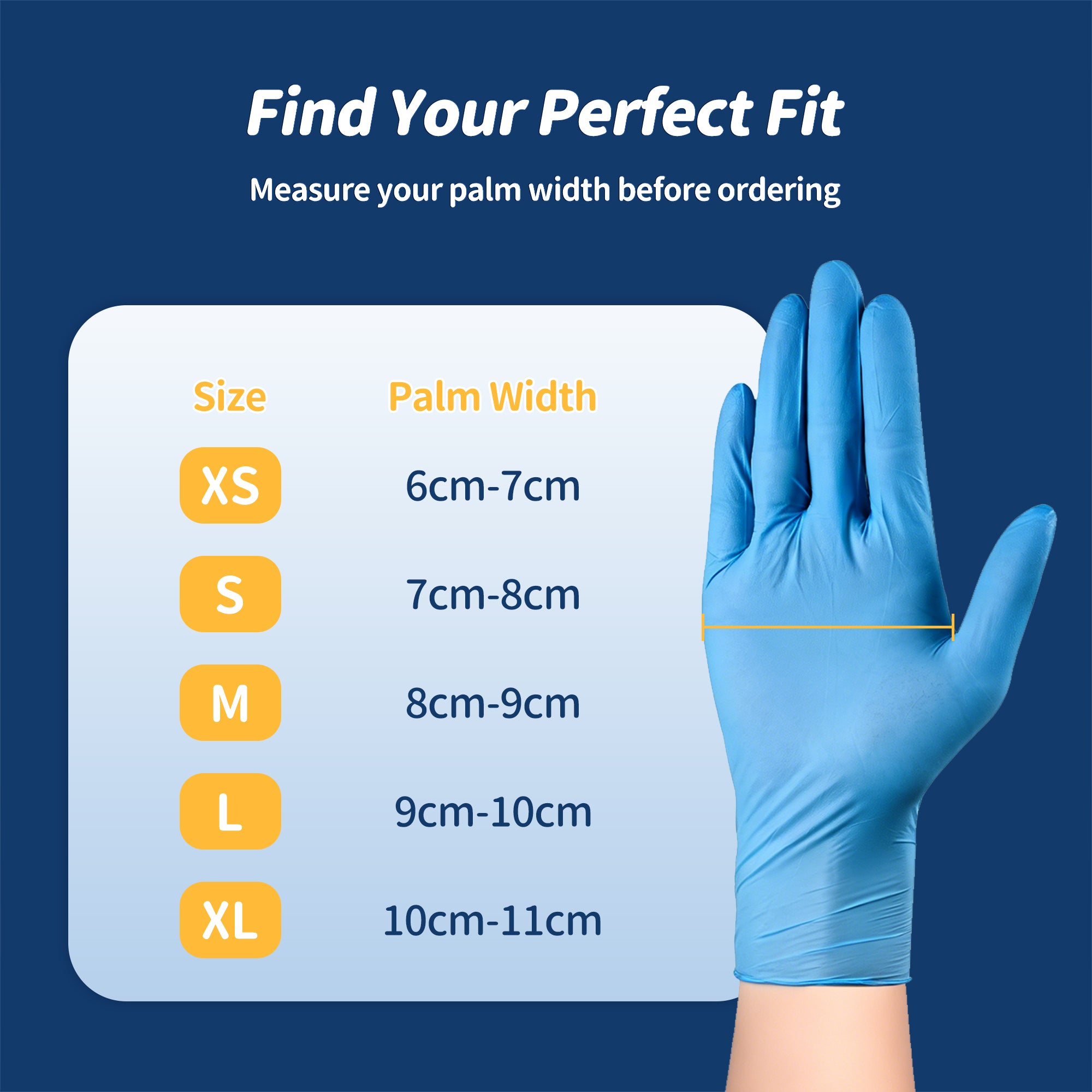 Woodswell Nitrile glove with palm width measurement chart on a blue background