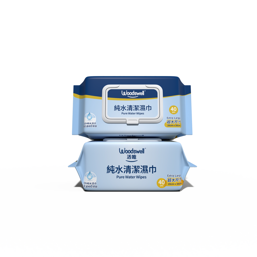 Two packages of Woodwell pure water wet wipes on a white background