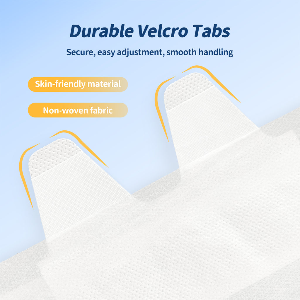 Woodswell adult tape diaper with durable velcro tabs on a light blue background