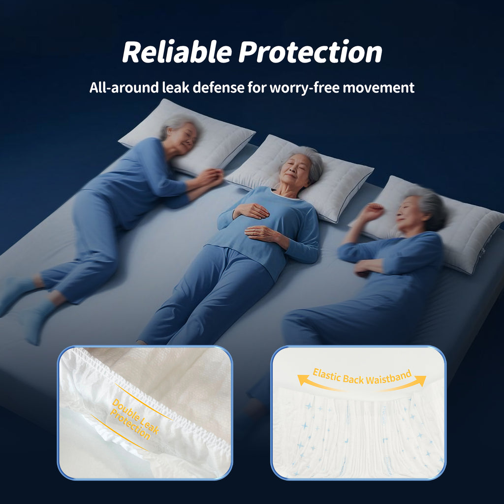Woodswell adult tape diaper showing three elderly people lying on a mattress with text about reliable protection and leak defense.