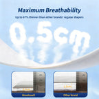 Woodswell adult tape diaper  maximum breathability with thin topsheet and a visual comparison to other brand diapers.