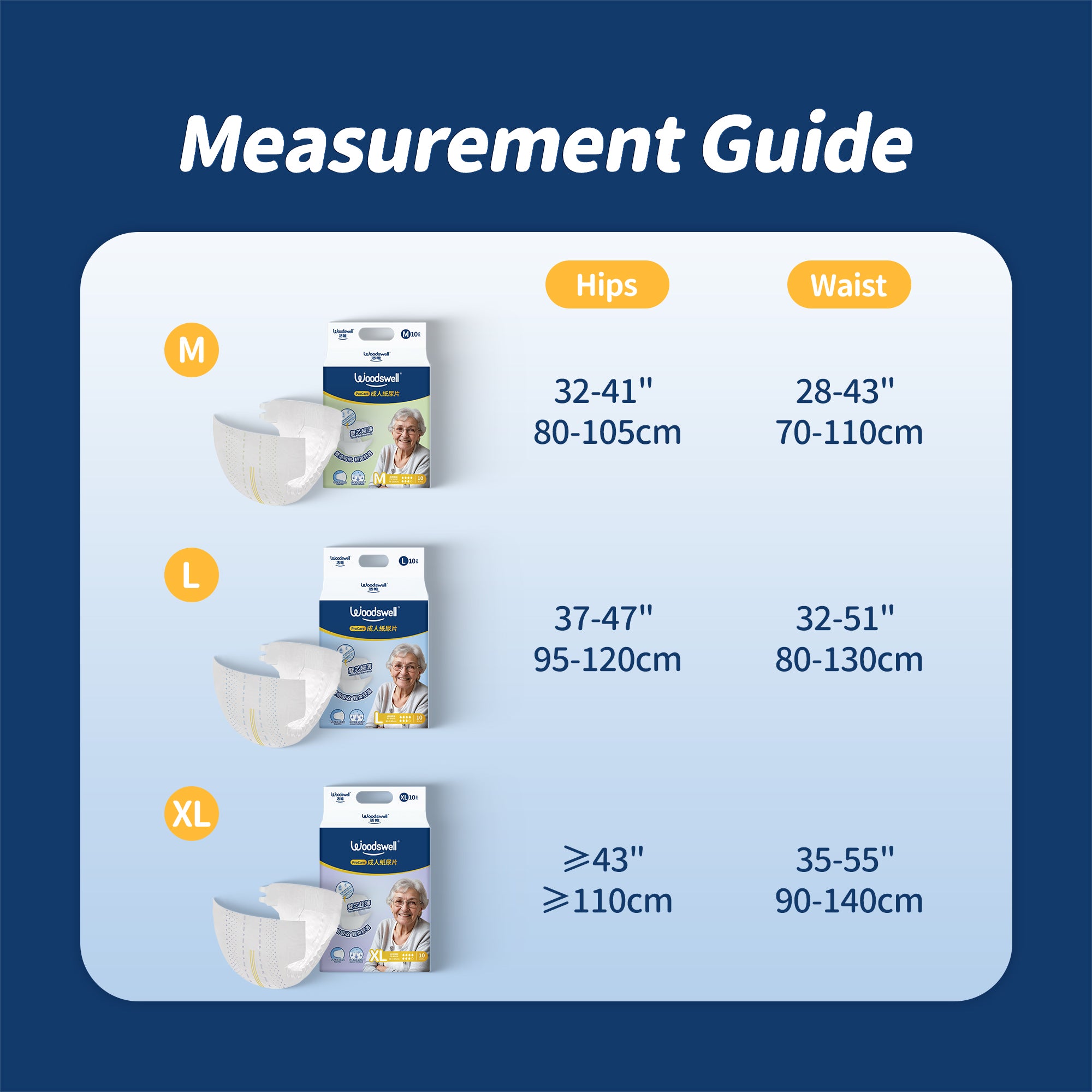 Woodswell Adult Tape Diaper measurement guide  with size options and corresponding measurements on a blue background.