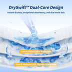 Woodswell adult tape diaper DrySwift Dual-Core Design with water droplets and text on a blue background