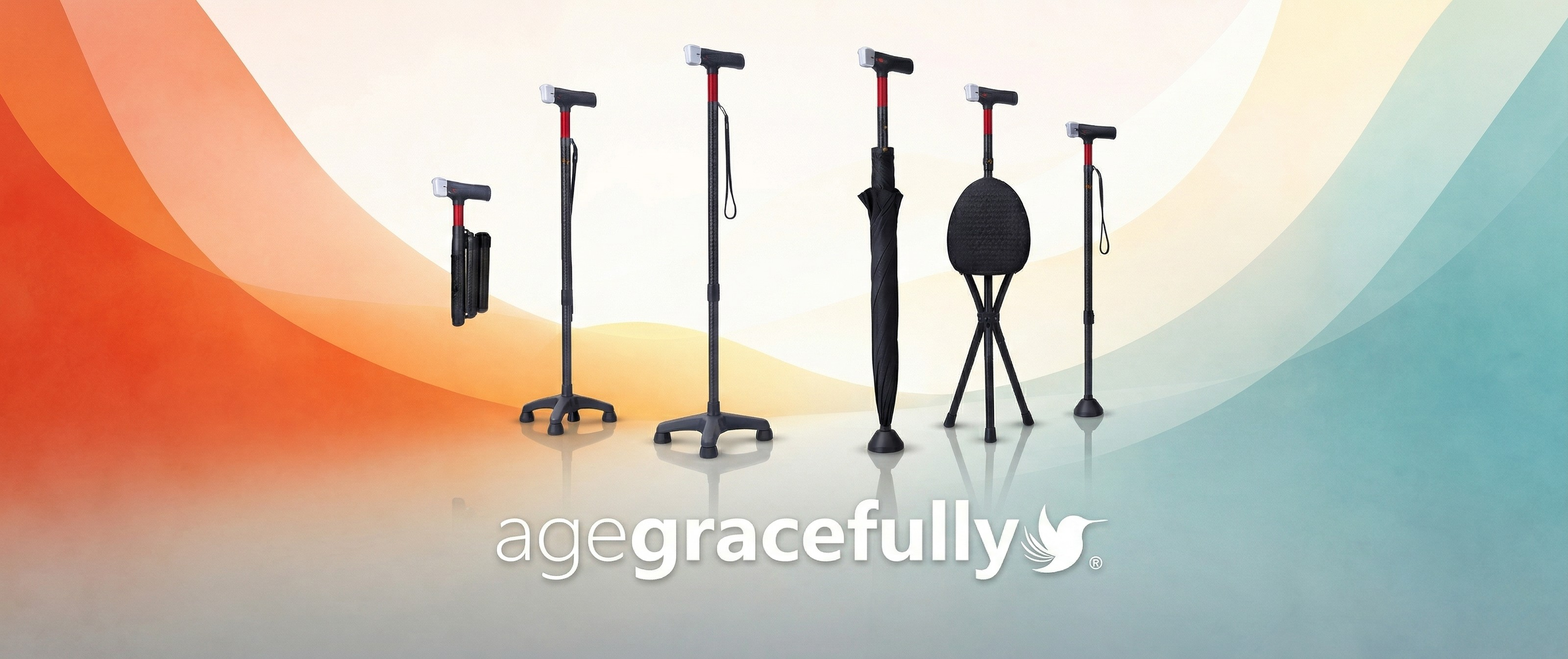 Set of walking sticks against a gradient background with 'agegracefully' branding.