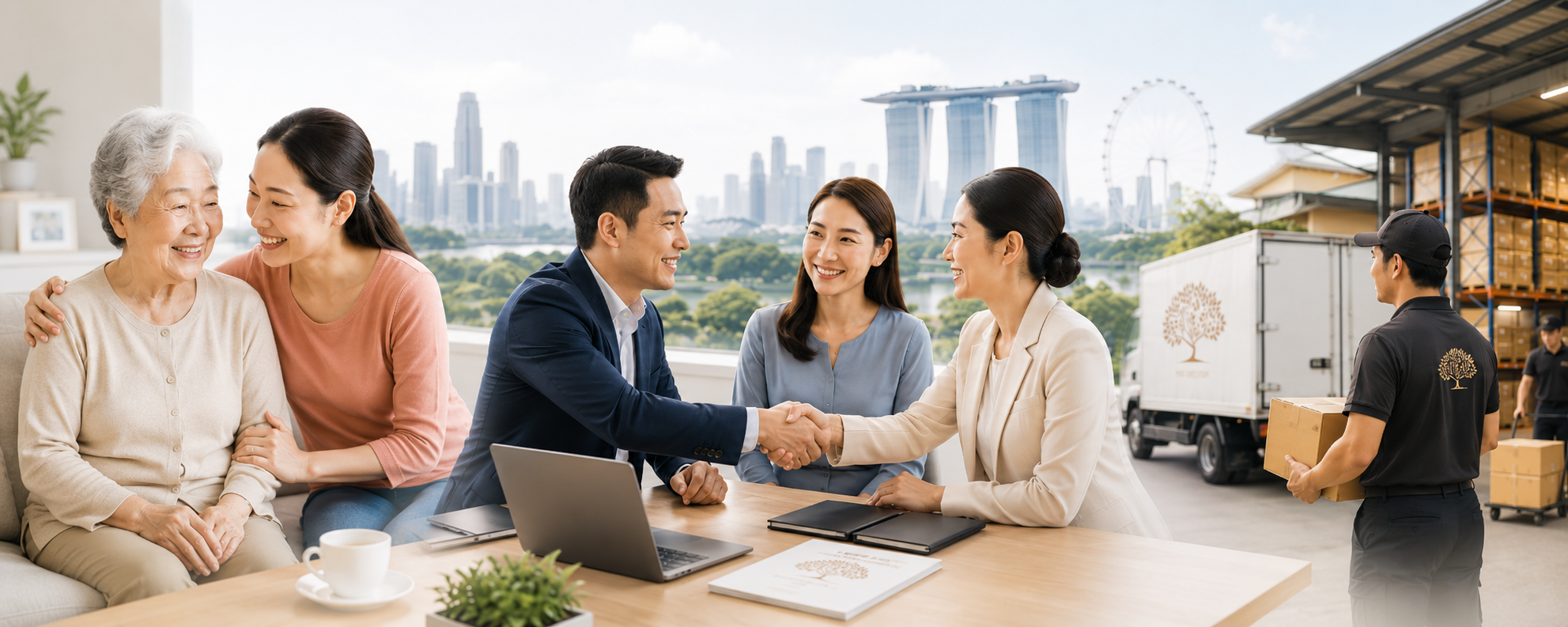 The Silvery Fair senior-care partnership in Singapore, with an older woman and caregiver, business professionals shaking hands, and logistics support
