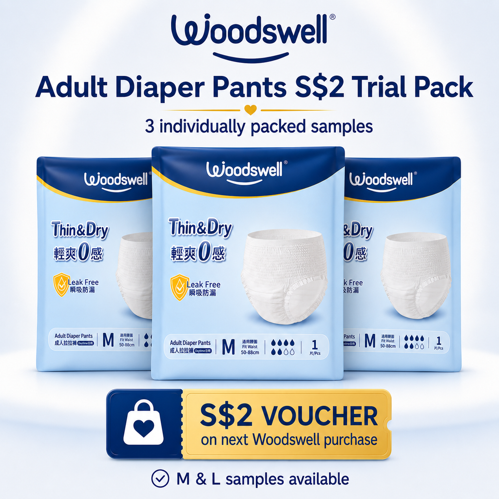 Woodswell Adult Diaper Pants $2 trial pack in Singapore with 3 individually packed M and L samples and $2 voucher.