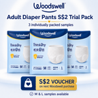 Woodswell Adult Diaper Pants $2 trial pack in Singapore with 3 individually packed M and L samples and $2 voucher.