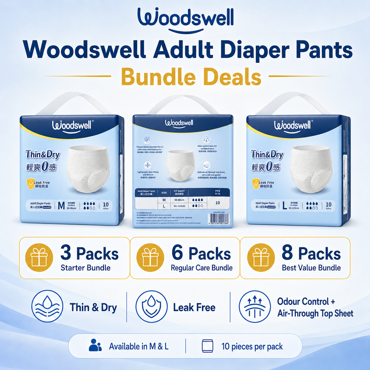 Woodswell Adult Diaper Pants bundle deals in 3, 6 and 8 packs, available in sizes M and L with 10 pieces per pack.