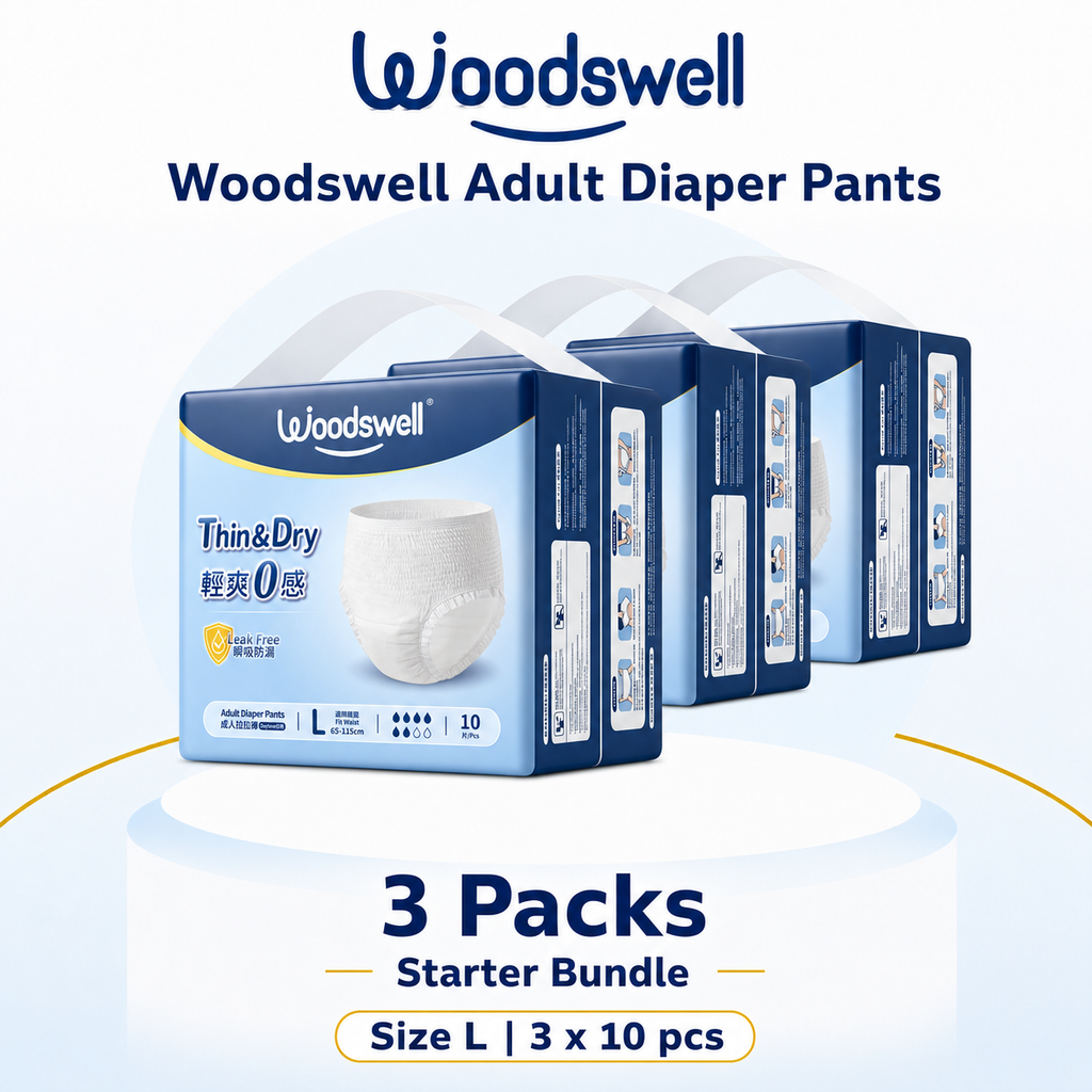Woodswell Adult Diaper Pants Size L 3-pack starter bundle with 10 pieces per pack.