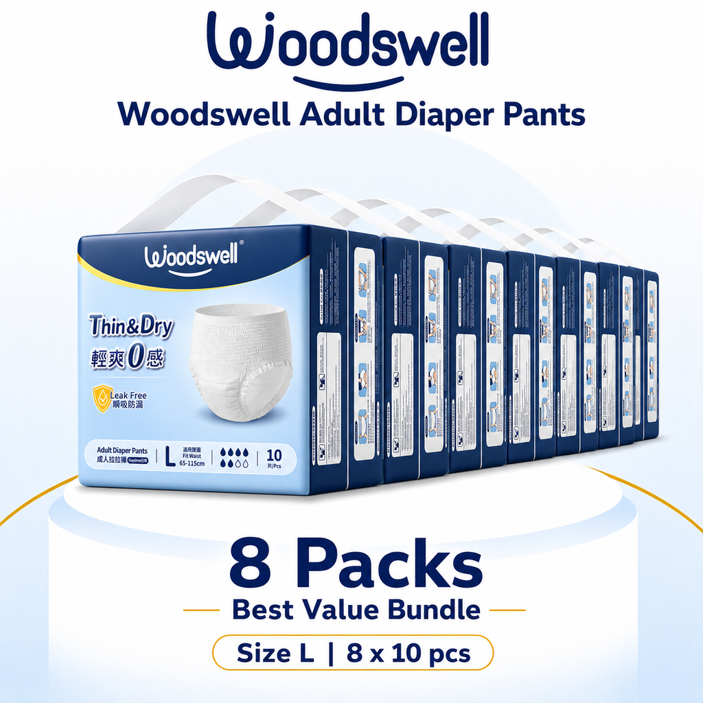 Woodswell Adult Diaper Pants Size L 8-pack best value bundle with 10 pieces per pack.