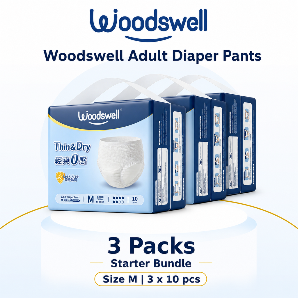 Woodswell Adult Diaper Pants Size M 3-pack starter bundle with 10 pieces per pack