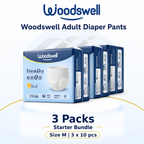 Woodswell Adult Diaper Pants Size M 3-pack starter bundle with 10 pieces per pack
