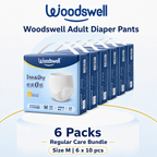Woodswell Adult Diaper Pants Size M 6-pack Regular Care bundle with 10 pieces per pack.