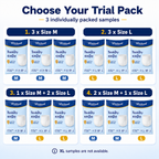 Woodswell Adult Diaper Pants Trial Pack. Image shows the various choices to 'Choose Your Trial Pack' and '3 individually packed samples'.