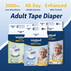 Woodswell adult tape diapers in M, L and XL, featuring 3000ml max absorbency, all-day dryness and enhanced odor control.